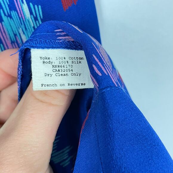 LUX | NWOT Blue Colorful Print Flowy Silk Neck Tie Long Sleeve Mini Tunic Dress - Picture 5 of 5